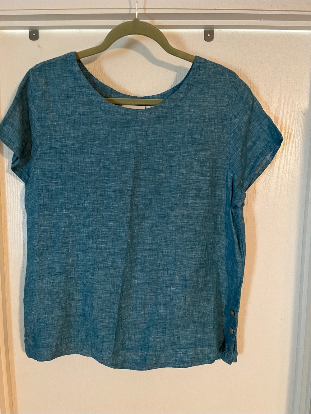 Cynthia Rowley Teal Blue Short-Sleeve Linen Top with Side Button Detail Large
